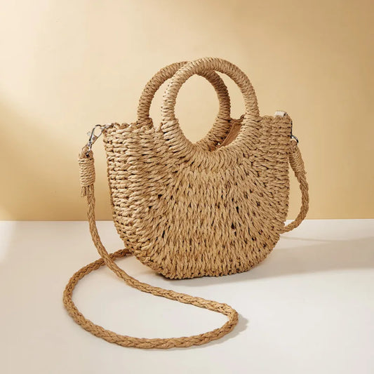 Bolso Casual de Mimbre Tejido a Mano - Semi-Circular - Bazar Urbano